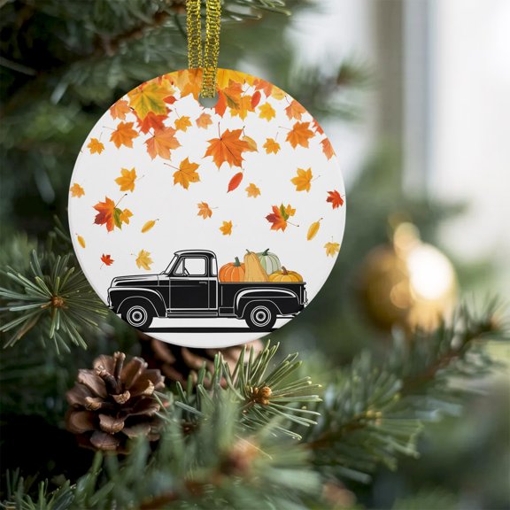 Fall Orange Maple Leaf Watercolor Christmas Ceramic Ornament 2026,3" Round Xmas Tree Hanging Accessories,Thanksgiving Pumpkin Black Truck Pendant Ornaments for Holiday Gift Home Party Decor