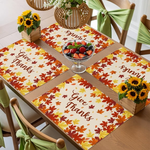 Fall Orange Maple Leaf Watercolor Placemats Set of 4,Wipeable Washable Table Mats for Dining Tables, Thanksgiving Fallen Leaves Seamless Place Mats for Kitchen Event Party Tabletop Decor