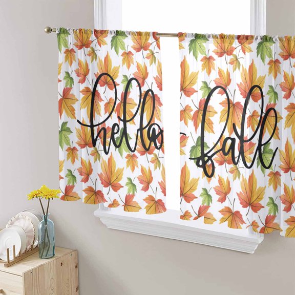 Fall Orange Maple Sheer Curtains 54 Inches Length 2 Panels Set, Window Sheer Curtains for Living Room/Bedroom, Thanksgiving Autumn Leaves Rustic Light Filtering Rod Pocket Curtain 52'' x 54'' x 2