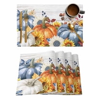 Fall Orange Placemats Set of 2 Blue Pumpkin Sunflower Autumn Leaf Wood Grain Heat Insulation Washable Place Mats, Rustic Non-Slip Table Mats for Dining Table Party Kitchen Decor,13x19 Inch