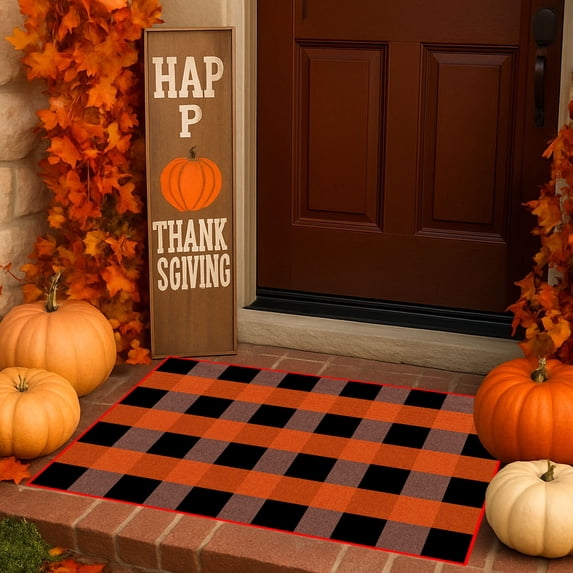 Fall Orange Plaid Hand Woven Outdoor Rug with Stitched Edge, Layered Check Front Door Mat, Farmhouse Style Doormat for Yard Entryway Patio Halloween Thanksgiving Decoration, Brown