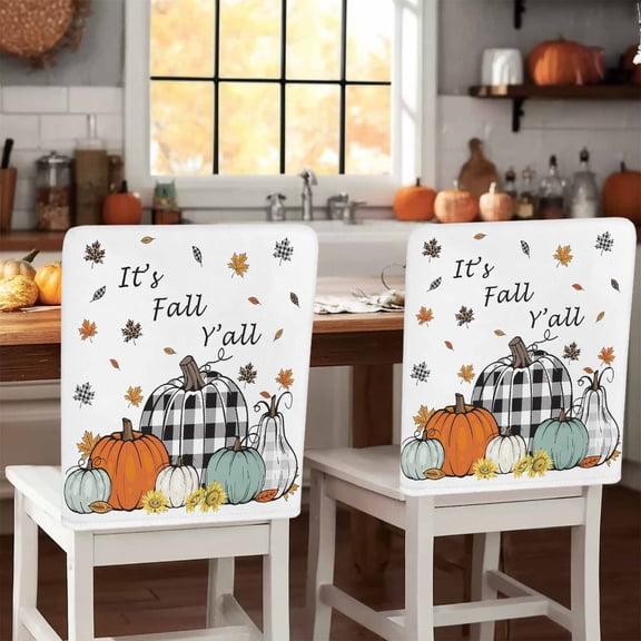 Fall Orange Plaid Pumpkin Chair Covers Set of 1 It's Fall Y'all Maple Leaf Harvest Thanksgiving Chair Back Covers Stretch Removable Washable Slipcovers Protector for Dining Room Kitchen Party Decor