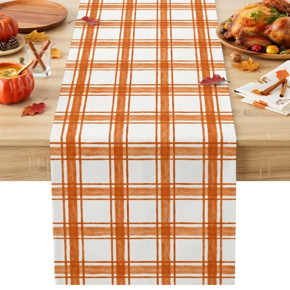 Fall Orange Plaid Table Runner, Country Farmhouse Pastoral Stripe Gingham Grids Cotton Linen Kitchen Table Decoration Washable Dining Tabletop Runners for Home Party Decor 13x36 Inches