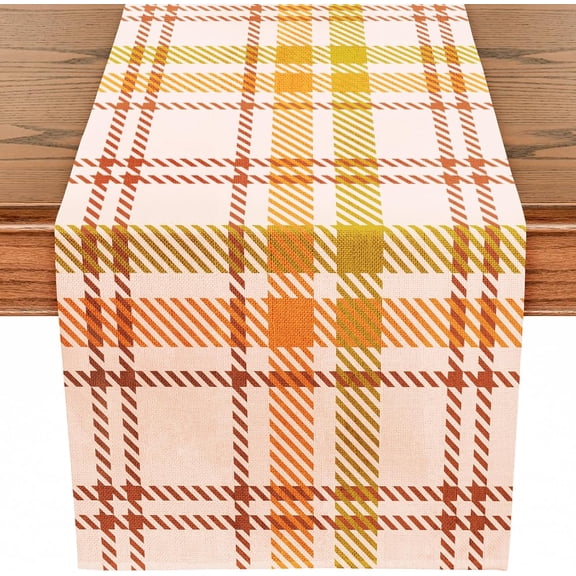 Fall Orange Plaids Table Runner - 13.8 x 71 Inch - Seasonal Autumn Thanksgiving Farmhouse Burlap Indoor Kitchen Dining Table Decorations for Home Party