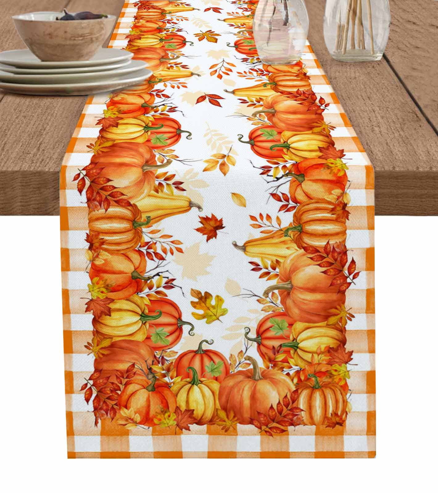 Fall Orange Pumpkin Burlap Cotton Table Runner 13x48 Inches Long ...