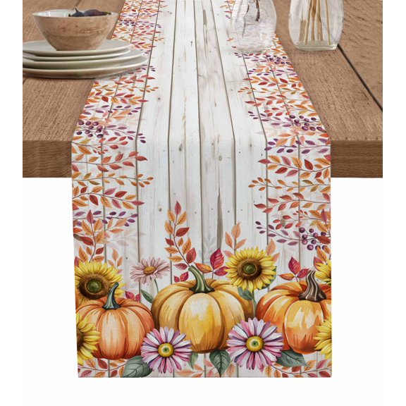 Fall Orange Pumpkin Burlap Cotton Table Runner 13x90 Inches Long, Thanksgiving Eucalyptus Sunflowers Wooden Farmhouse Table Runners, Outdoor Dining Tablecloths Decor for Baby Shower/Party/Wedding