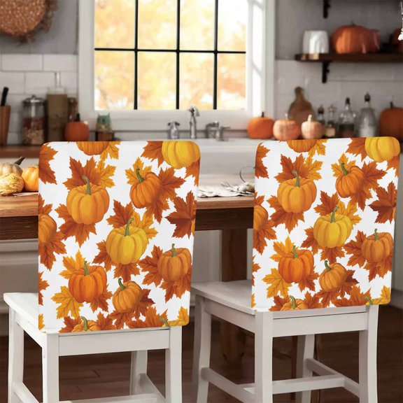Fall Orange Pumpkin Chair Covers Set of 1 Thanksgiving Vintage Maple Leaf Farmhouse Chair Back Covers Stretch Removable Washable Slipcovers Protector for Dining Room Kitchen Party Decor