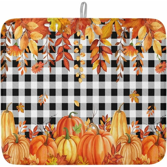 Fall Orange Pumpkin Dish Drying Mats for Kitchen Counter, Thanksgiving Buffalo Plaid Microfiber Absorbent Dish Drainer/Rack Mat, Reversible Hangding Quick Drying kitchen Mats, 16x18inch