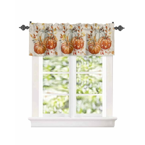 Fall Orange Pumpkin Harvest on Burlap Window Valances for Kitchen,Rod Pocket Valance Privacy Small Curtain,Thanksgiving Autumn Leaves Window Treatment Drapes for Bedroom Laundry Room 42x18in