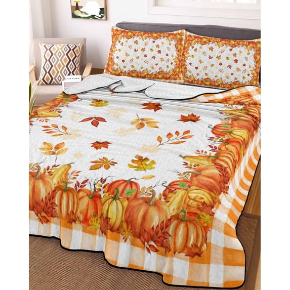 Fall Orange Pumpkin King Size Down Alternative Comforter, Lightweight Comforter Quilt Bedding Set with Pillow Shams Thanksgiving Maple Leaf Plaid Check All Seasons Bed Comforter Duvet Insert 96"x106"