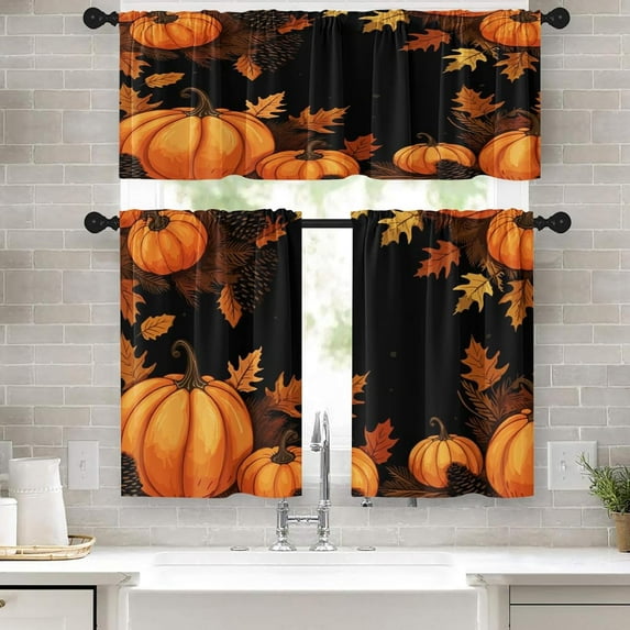 Fall Orange Pumpkin Leaves Kitchen Window Curtains Valance and Tier Set 36 Inch, Autumn Thanksgiving 3 Piece Window Treatment Tiers for Living Room Bedroom Kitchen Decor Drapes