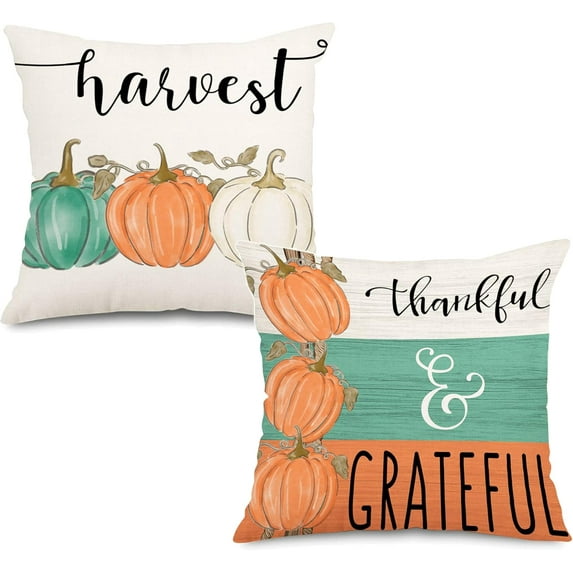 Fall Orange Pumpkin Outdoor Pillow Covers 18x18 Inch Waterproof Harvest Thankful Quotes Seasonal Throw Pillow Covers for Porch Patio Furniture Thanksgiving Farmhouse Decor
