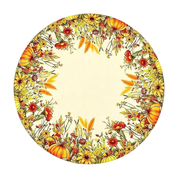 Fall Orange Pumpkin Round Tablecloth, Autumn Floral Table Cover, Thanksgiving Harvest Washable Tablecloth for Party Holiday Decor 47 In A