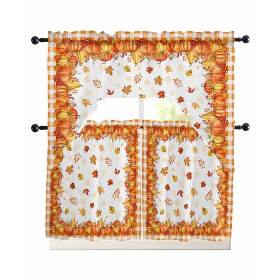Fall Orange Pumpkin Swag Curtains for Living Room/Bedroom Windows, Thanksgiving Maple Leaf Plaid Check Kitchen Curtains and Valances Set 36 Inch Length, Light Filtering Swags Valance Curtain Panels