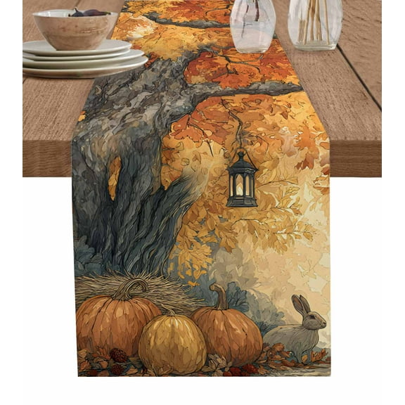 Fall Orange Pumpkins Burlap Cotton Table Runner 13x60 Inches Long, Thanskgiving Botanical Forest Farmhouse Table Runners, Outdoor Dining Tablecloths Decor for Baby Shower/Party/Wedding