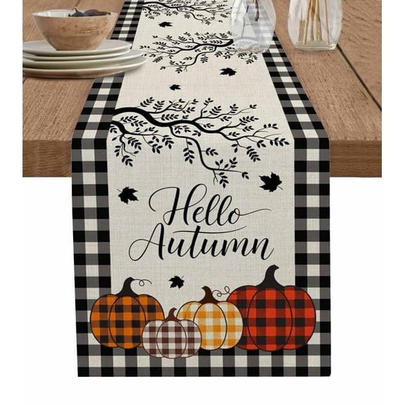 Fall Orange Pumpkins Burlap Cotton Table Runner 13x70 Inches Long, Thanksgiving Check Maple Branch Farmhouse Table Runners, Outdoor Dining Tablecloths Decor for Baby Shower/Party/Wedding