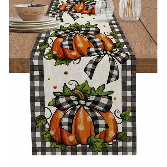 Fall Orange Pumpkins Burlap Cotton Table Runner 16x72 Inches Long, Thanksgiving Bow Leaf Dot Retro Plaid Farmhouse Table Runners, Outdoor Dining Tablecloths Decor for Baby Shower/Party/Wedding