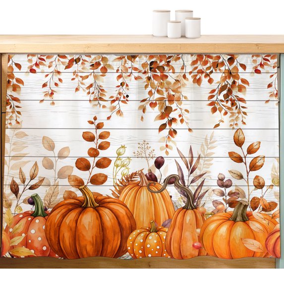 Fall Orange Pumpkins Cabinet Curtains 28''x35'', Thanksgiving Autumn Leaf Wood Grain Sink Base Skirt for Bathroom Kitchen Under Desk, Laundry Privacy Drape Waterproof Closet Dishwasher Curtains