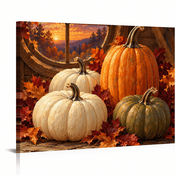 Fall Orange Pumpkins Canvas Wall Art, Warm Retro Autumn Harvest Style, 16 x 12 Inch