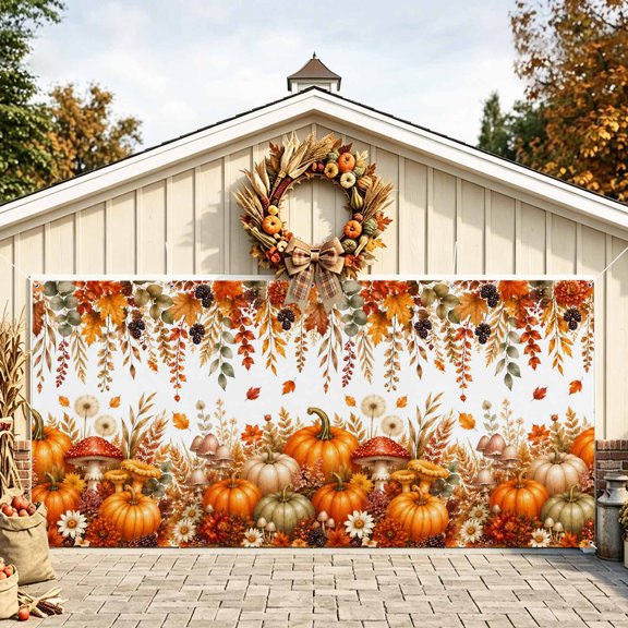 Fall Orange Pumpkins Garage Door Banner 6.9x8 Ft, Thanksgiving Autumn Flower Leaf Outdoor Garage Door Cover for Holiday Party, Hanging Banner Backdrop Decoration Wall Decor Flag