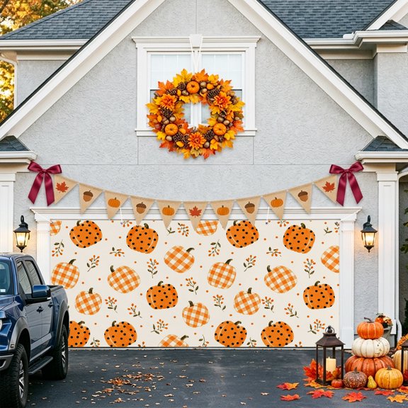 Fall Orange Pumpkins Garage Door Banner Covers, Thanksgiving Gingham Black Dots Pumpkins Floral Large Hanging Indoor/Outdoor Backdrop Background for Christmas Winter Party Decor, 6.9x16ft