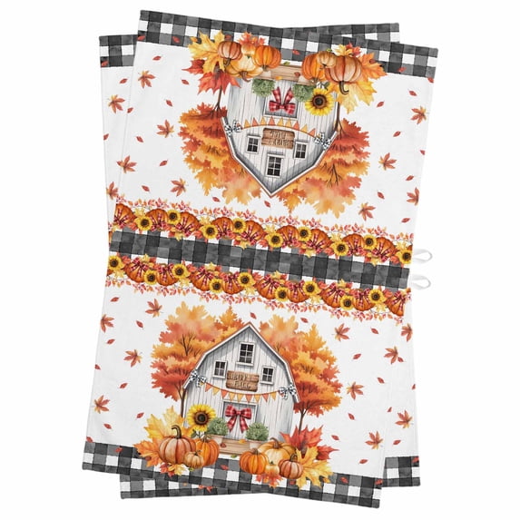 Fall Orange Pumpkins Kitchen Towels Set of 2, Water Absorbent Dish Towel, Thanksgiving Maple Autumn Rustic Flowers Decorative Hand Towels - Quick Drying Cloth for Cooking Baking, 18x28 Inch