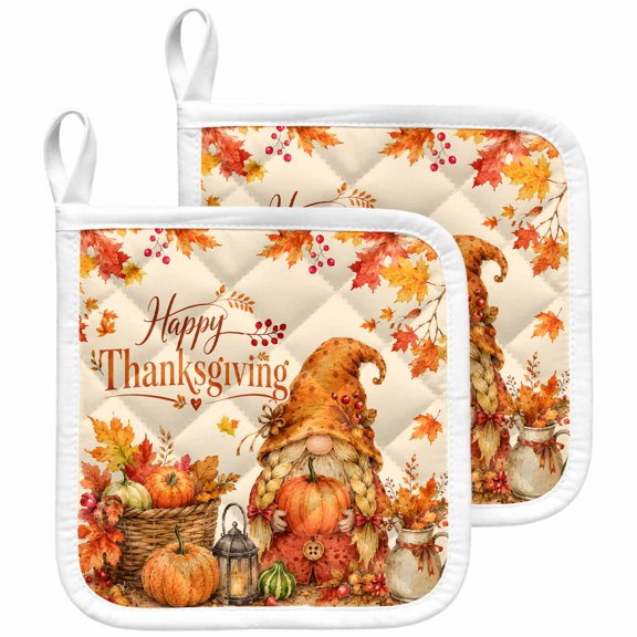 Fall Orange Pumpkins Pot Holders for Kitchen Heatproof Potholder, 2 Pack Thanksgiving Gnomes Maple Leaves Hot Pads Multipurpose Oven Pads Terry Cloth Potholders Trivet for Cooking and Baking