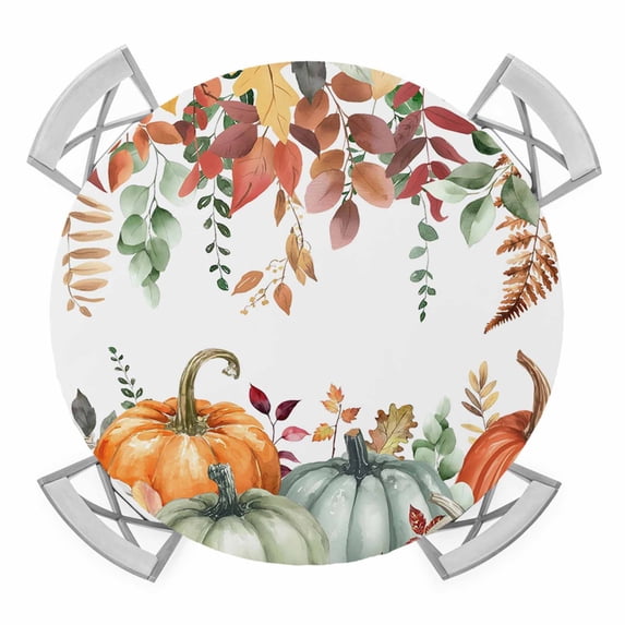 Fall Orange Pumpkins Round Tablecloth for 36-44 Inch Tables,Fitted Table Cover with Elastic Edge,Thanksgiving Eucalyptus Autumn Rustic Waterproof Outdoor Table Cloth Protector for Patio Garden Dinner
