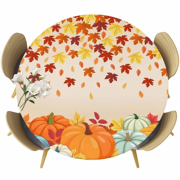 Fall Orange Pumpkins Round Tablecloth, Fitted Table Cover with Elastic for 36"-44" Round Tables, Autumn Farmhouse Maple Leaves Table Cloth Outdoor Indoor Dinning Party Waterproof Tablecloths