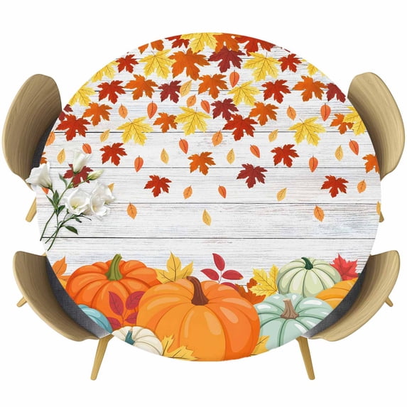 Fall Orange Pumpkins Round Tablecloth, Fitted Table Cover with Elastic for 36"-44" Round Tables, Thanksgiving Maple Leaf Wood Grain Table Cloth Outdoor Indoor Dinning Party Waterproof Tablecloths