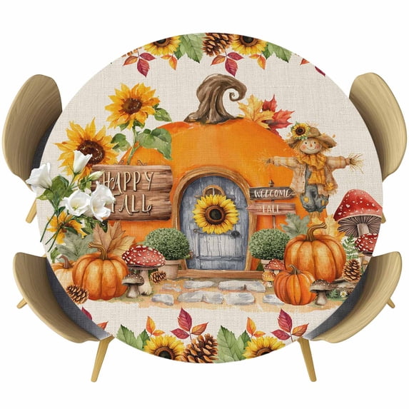 Fall Orange Pumpkins Round Tablecloth, Fitted Table Cover with Elastic for 45"-54" Round Tables, Thanksgiving Flowers Country Vintage Table Cloth Outdoor Indoor Dinning Party Waterproof Tablecloths