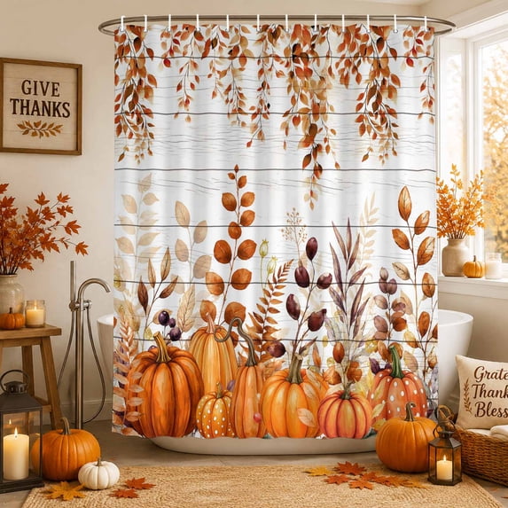 Fall Orange Pumpkins Shower Curtains for Bathroom, Thanksgiving Autumn Leaf Wood Grain Waterproof Fabric Shower Curtain, Decorative Bathroom Curtain for Bathtub, 72"x72", No Hooks Included