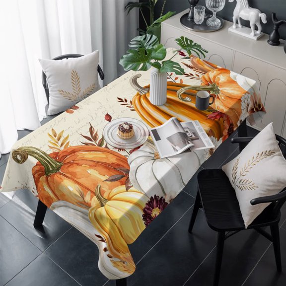 Fall Orange Pumpkins Table Cloth Waterproof Tablecloths, Thanksgiving Floral Maple Leaf Tablecloth Dining Table Cover for Kitchen Party Tabletop Outdoor, Rectangle Tablecloth 60x120 Inch