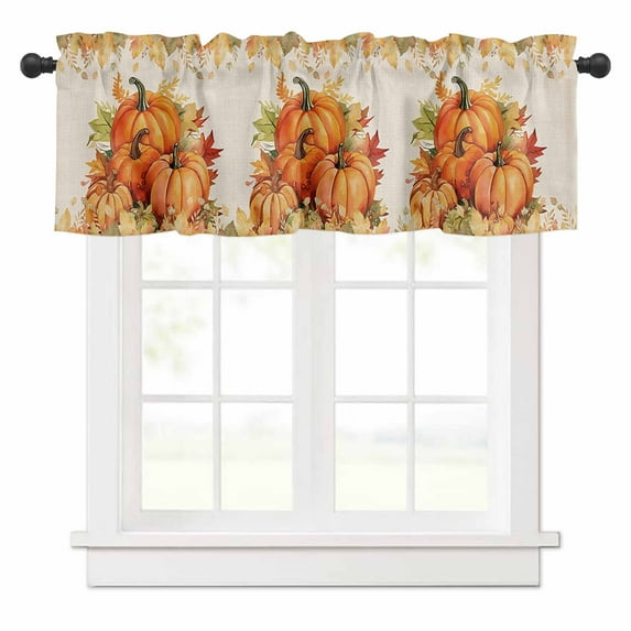 Fall Orange Pumpkins Valances for Windows Watercolor Maple Leaves Rod Pocket Curtain Valance Window Treatment Short Curtains for Kitchen Living Room, 60"x14"