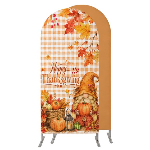 Fall Orange Pumpkins Wedding Arch Cover,Stretchy Spandex Arch Backdrop Stand Covers 4 FT,Thanksgiving Gnomes Maple Leaves Plaid Round Top Arched Backdrop Cover for Birthday Party Ceremony Baby Shower
