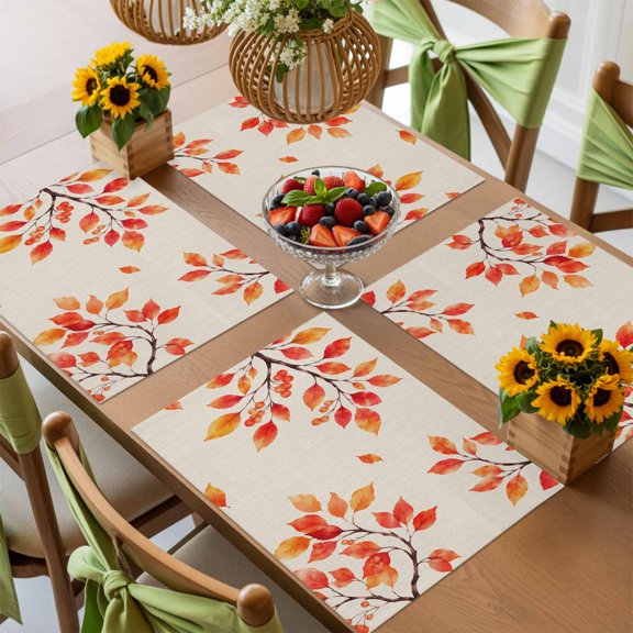 Fall Orange Red Leaf Placemats Set of 4,Wipeable Washable Table Mats for Dining Tables, Autumn Leaves Retro Linen Place Mats for Kitchen Event Party Tabletop Decor