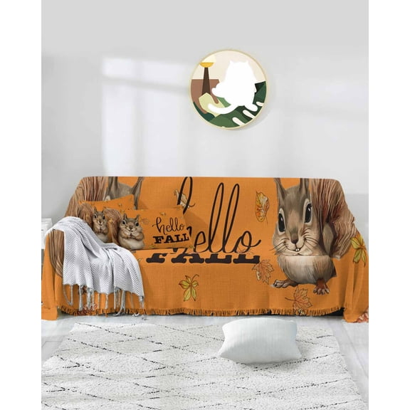 Fall Orange Squirrel Sofa Couch Covers for 3 Cushion Couch,Washable L Shape Sectional Sofa Covers for Loverseat/Pet/Kid,Thanksgiving Autumn Maple Leaves Slipcover Throw Blanket Futon Cover 71x134