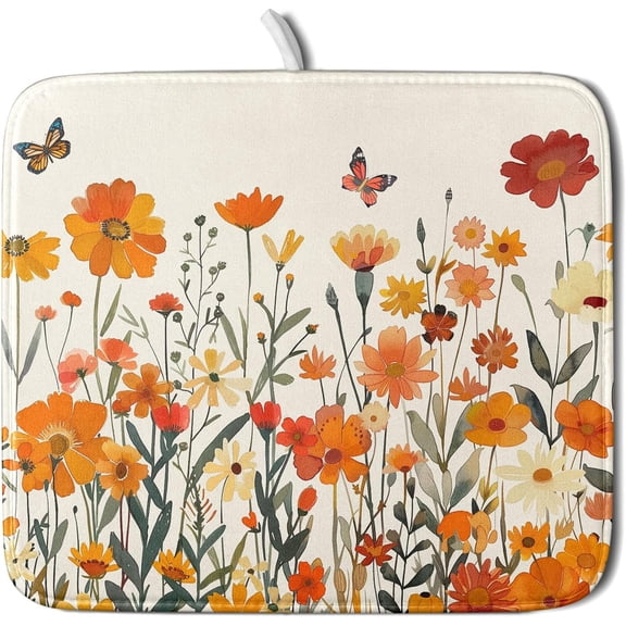 Fall Orange Wildflower Dish Drying Mat for Kitchen Counter,Autumn Floral Butterflies Drying Mat 16 x 18 Inch with Absorbent Reversible Microfiber Dish Drying Pad Dish Pad for Coffee Bar