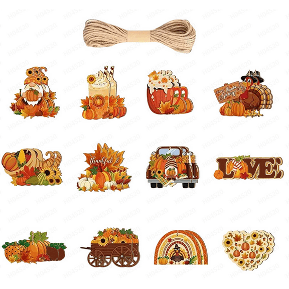 Fall Ornaments for Small Tree Thanksgiving Tree Decorations Turkey Pumpkin Maple Leaves Truck Cutouts Autumn Wooden Hanging Ornament for Holiday Party, Suitable For Outdoor, Indoor Decoration