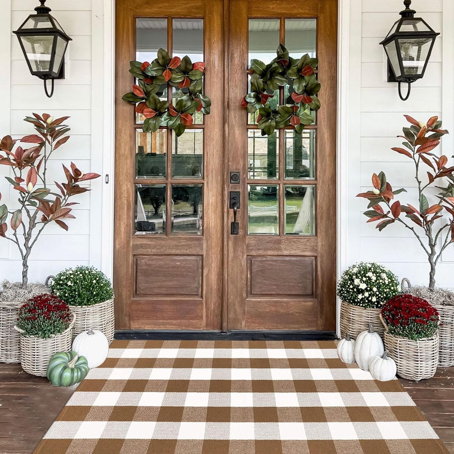 Fall Ourdoor Rug Farmhouse Brown and White Buffalo Check Rug Layered Welcome Door Mat for Front Porch Decor, Front Door, Farmhouse Decor(35.4''x59'', Coffee and White)