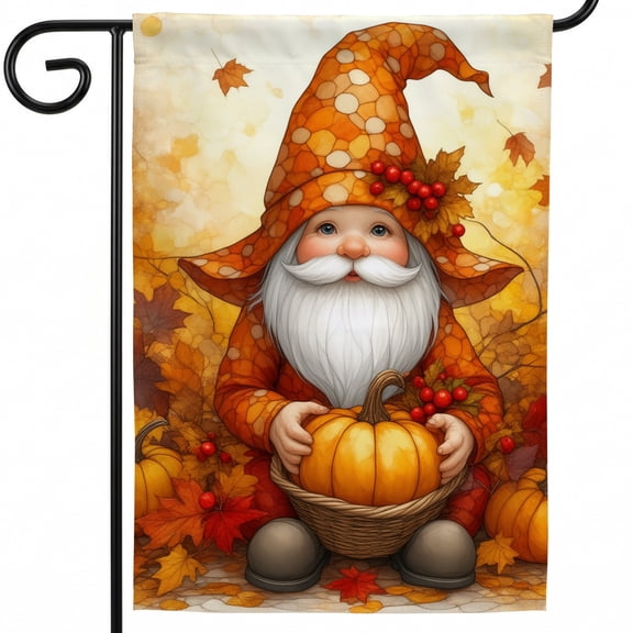 Fall Outdoor Flags Large 28 x 40 Inches A gnome holding a basket of pumpkins in a pile of leaves Fall Decor Outside Porch