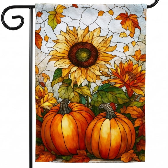 Fall Outdoor Flags Large 28 x 40 in A stained glass window with sunflowers and pumpkins Patio Decorations Outdoor