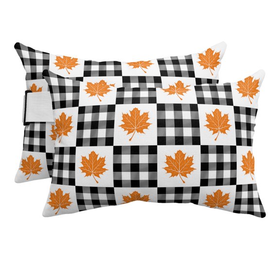 Fall Outdoor Lumbar Pillows with Strap & Insert Buffalo Check Plaid Recliner Head Pillow 2 Pack Fall Maple Leaf Orange Black Thanksgiving Waterproof Patio Lounge Chair Pillows for Beach Office 11x16