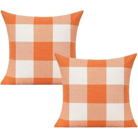 Fall Outdoor Orange Decor Throw Pillow Covers 20x20 Set of 2 Decorative Thanksgiving Buffalo Check Plaids Rustic Autumn Farmhouse Cushion Cases Home Decoration for Living Room Bed Couch, Orange White