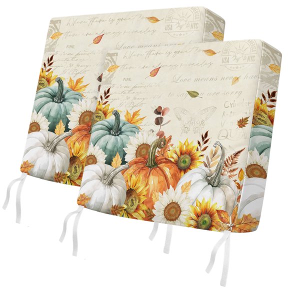 Fall Outdoor Patio Cushion Covers 2 Pack Harvest Pumpkin Chair Pads Slipcovers with Ties & Zipper Waterproof Autumn Maple Leaf Sunflowers Thanksgiving Seat Cushion Covers for Couch Sofa 24x24 Inch