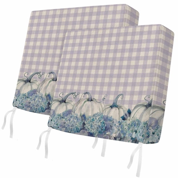 Fall Outdoor Patio Cushion Covers 2 Pack Hydrangea Pumpkin Chair Pads Slipcovers with Ties & Zipper Waterproof Purple Buffalo Plaid Thanksgiving Seat Cushion Covers for Outdoor Couch Sofa 20x18 Inch