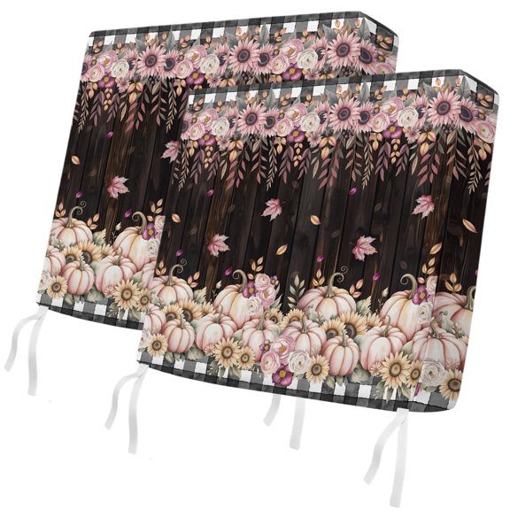 Fall Outdoor Patio Cushion Covers 2 Pack Pink Pumpkin Chair Pads Slipcovers with Ties & Zipper Waterproof Sunflower Fallen Leaf Wood Grain Thanksgiving Seat Cushion Covers for Couch Sofa 24x24 Inch