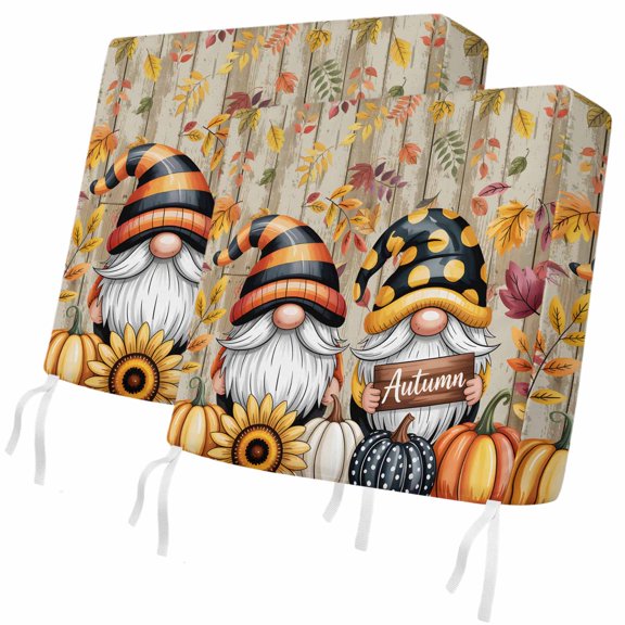 Fall Outdoor Patio Cushion Covers 2 Pack Pumpkin Gnomes Chair Pads Slipcovers with Ties & Zipper Waterproof Autumn Fallen Maple Leaves Wood Thanksgiving Seat Cushion Covers for Couch Sofa 24x24 Inch