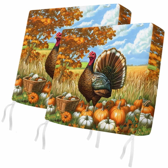Fall Outdoor Patio Cushion Covers 2 Pack Pumpkin Turkey Chair Pads Slipcovers with Ties & Zipper Waterproof Farmhouse Animal Wheats Thanksgiving Seat Cushion Covers for Outdoor Couch Sofa 22x20 Inch
