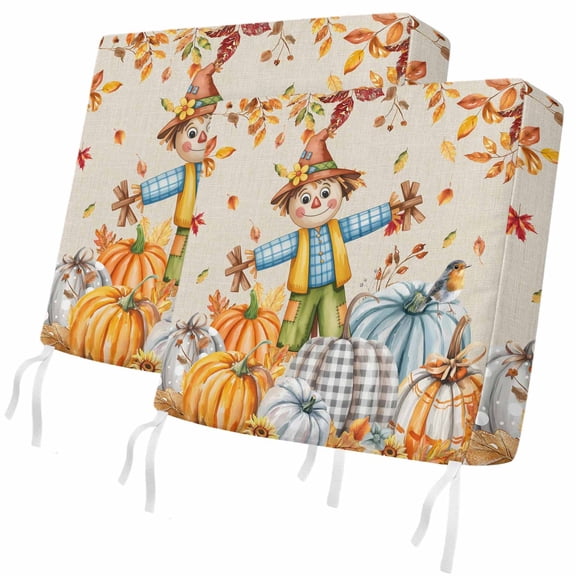 Fall Outdoor Patio Cushion Covers 2 Pack Scarecrows Harvest Pumpkin Chair Pads Slipcovers with Ties & Zipper Waterproof Bird Autumn Maple Leaves Thanksgiving Seat Cushion Covers for Couch Sofa 24x24